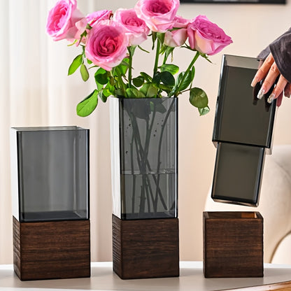 Vase décoratif moderne en acrylique avec base en bois – Élégant et polyvalent pour fleurs et décoration intérieure