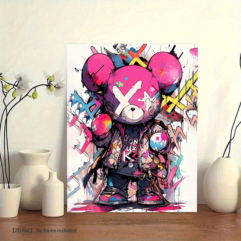Tableau mural ours graffiti – Toile moderne rose et noire style pop art urbain