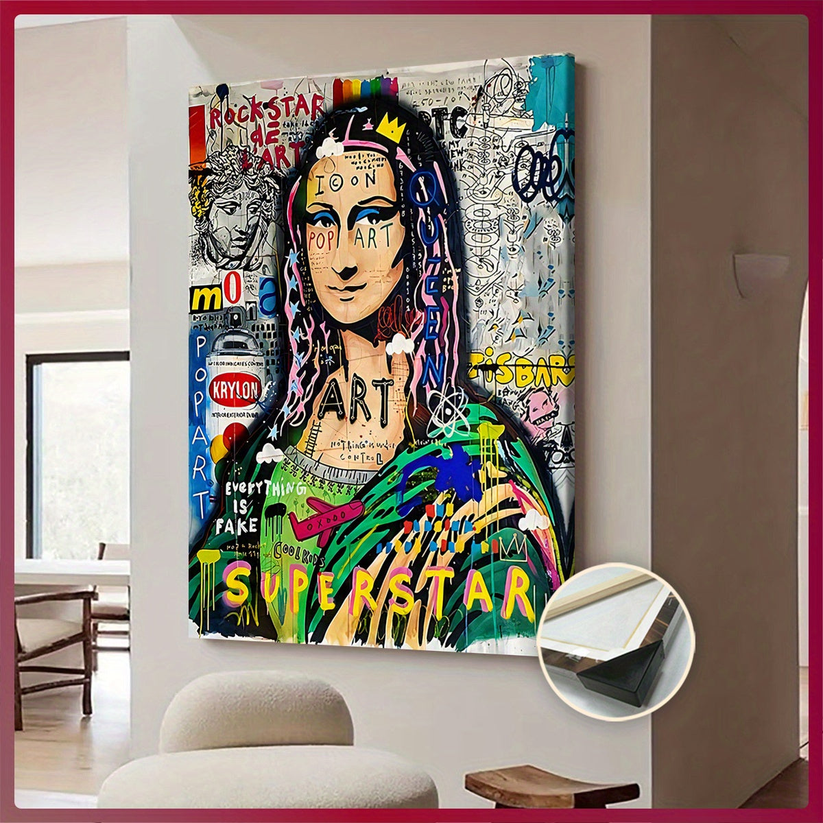 Extra Large Framed Canvas Art - Pop-Art Style Mona Lisa with Graffiti Elements, Vibrant Wall Decor for Living Room, Bedroom, Office, Waterproof & Odorless Print, Indoor/Outdoor Use, Wooden Frame Included, Large Canvas Wall Ar