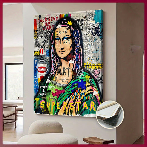 Extra Large Framed Canvas Art - Pop-Art Style Mona Lisa with Graffiti Elements, Vibrant Wall Decor for Living Room, Bedroom, Office, Waterproof & Odorless Print, Indoor/Outdoor Use, Wooden Frame Included, Large Canvas Wall Ar
