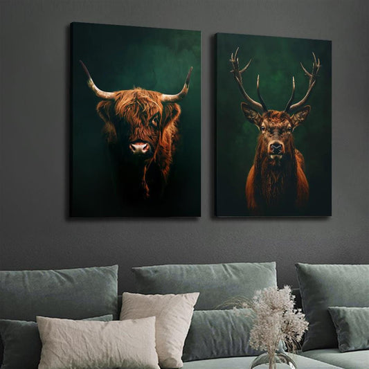 2D Flat Wall Painting, 2pcs Framed Wrapped Wooden Canvas Print Decoration, Retro Highland Cow and Stag Animal Portrait Art, Forest Wildlife Paintings for Indoor Home Décor – Ready to Hang, 2D Flat, Farmhouse House Decor, L
