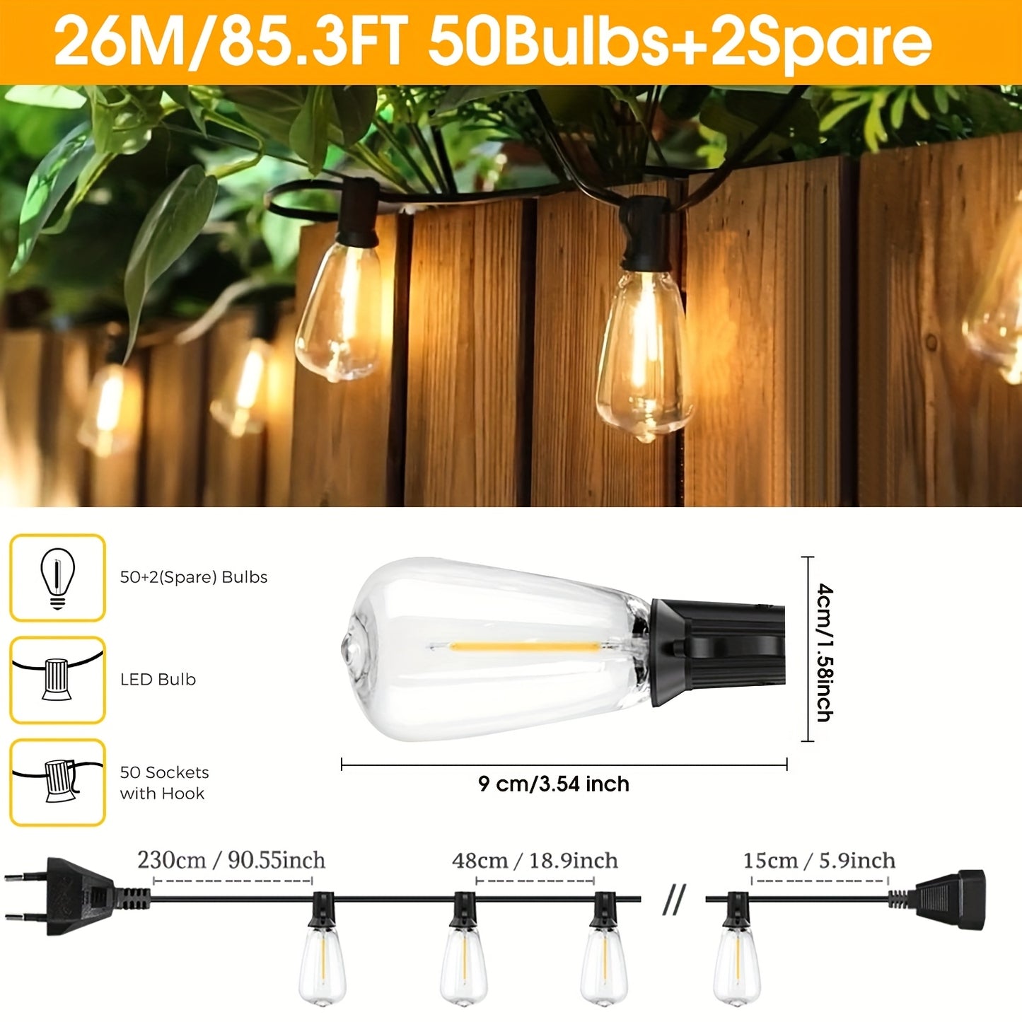 Guirlande lumineuse LED ST38 – 14 m (25 ampoules) ou 26 m (50 ampoules), lumière blanche chaude, déco Noël & ambiance