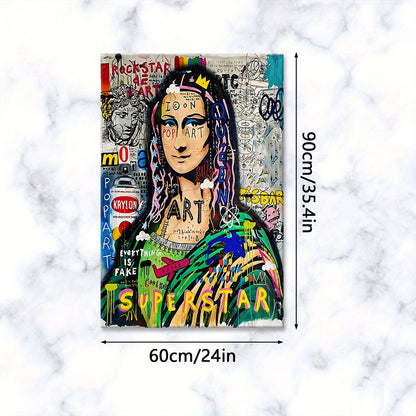 Extra Large Framed Canvas Art - Pop-Art Style Mona Lisa with Graffiti Elements, Vibrant Wall Decor for Living Room, Bedroom, Office, Waterproof & Odorless Print, Indoor/Outdoor Use, Wooden Frame Included, Large Canvas Wall Ar