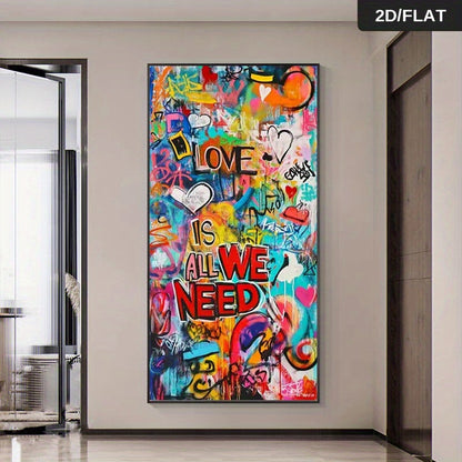 Tableau mural XXL graffiti abstrait – “Love Is All We Need”, toile colorée moderne sans cadre