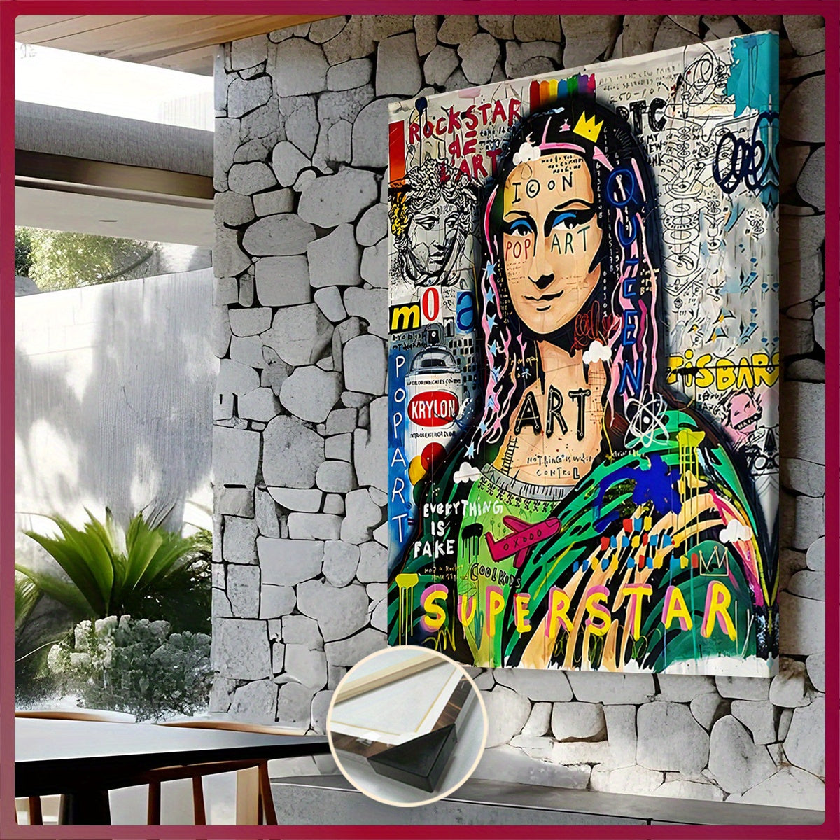 Extra Large Framed Canvas Art - Pop-Art Style Mona Lisa with Graffiti Elements, Vibrant Wall Decor for Living Room, Bedroom, Office, Waterproof & Odorless Print, Indoor/Outdoor Use, Wooden Frame Included, Large Canvas Wall Ar