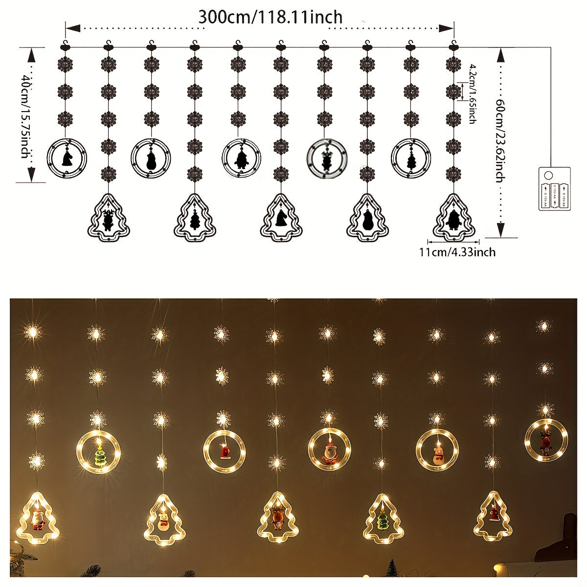 Guirlande de Noël 3 m flocons & figurines – 8 modes lumineux, déco sapin ou murale à LED