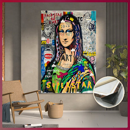 Extra Large Framed Canvas Art - Pop-Art Style Mona Lisa with Graffiti Elements, Vibrant Wall Decor for Living Room, Bedroom, Office, Waterproof & Odorless Print, Indoor/Outdoor Use, Wooden Frame Included, Large Canvas Wall Ar