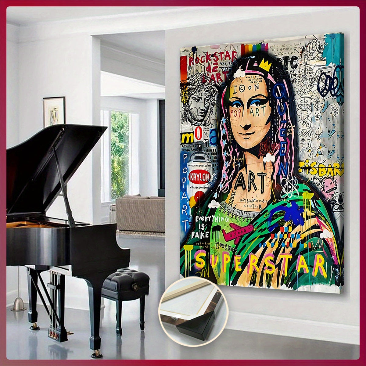 Extra Large Framed Canvas Art - Pop-Art Style Mona Lisa with Graffiti Elements, Vibrant Wall Decor for Living Room, Bedroom, Office, Waterproof & Odorless Print, Indoor/Outdoor Use, Wooden Frame Included, Large Canvas Wall Ar