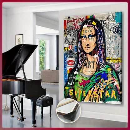 Extra Large Framed Canvas Art - Pop-Art Style Mona Lisa with Graffiti Elements, Vibrant Wall Decor for Living Room, Bedroom, Office, Waterproof & Odorless Print, Indoor/Outdoor Use, Wooden Frame Included, Large Canvas Wall Ar