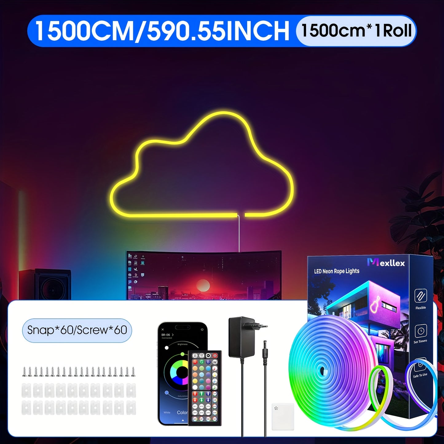 Ruban LED néon flexible RGB – 5 à 30 m, étanche IP67, télécommande & application, déco intérieure et extérieure