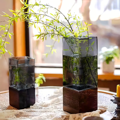Vase décoratif moderne en acrylique avec base en bois – Élégant et polyvalent pour fleurs et décoration intérieure