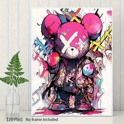 Tableau mural ours graffiti – Toile moderne rose et noire style pop art urbain