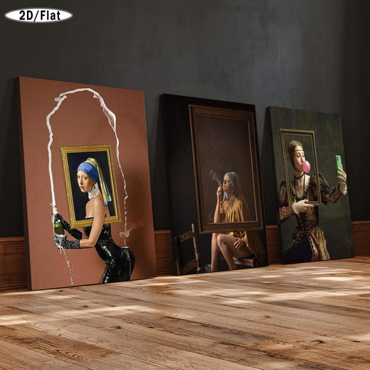 2D Flat, 3pcs Vintage-Inspired Wooden Frame Canvas Art Prints - Whimsical Bubble Gum Portraits of Young Women & Ladies, Modern Home Wall Decor for Living Room, Bedroom, Office, or Restaurant, Indoor/Outdoor Use, Bubble Gum Ar