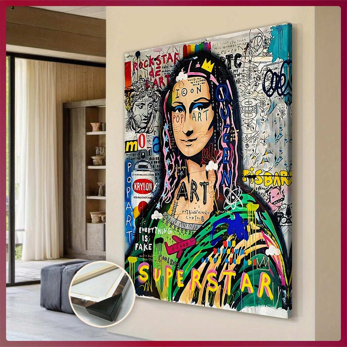 Extra Large Framed Canvas Art - Pop-Art Style Mona Lisa with Graffiti Elements, Vibrant Wall Decor for Living Room, Bedroom, Office, Waterproof & Odorless Print, Indoor/Outdoor Use, Wooden Frame Included, Large Canvas Wall Ar