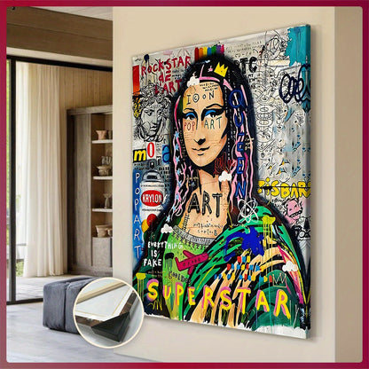 Extra Large Framed Canvas Art - Pop-Art Style Mona Lisa with Graffiti Elements, Vibrant Wall Decor for Living Room, Bedroom, Office, Waterproof & Odorless Print, Indoor/Outdoor Use, Wooden Frame Included, Large Canvas Wall Ar