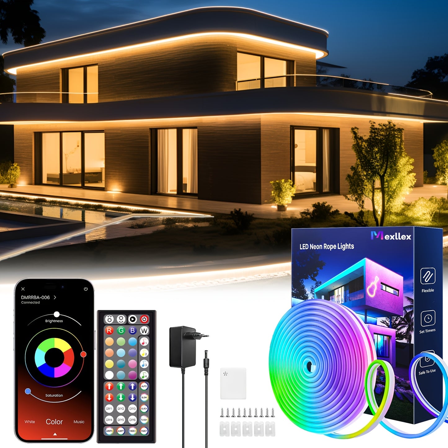 Ruban LED néon flexible RGB – 5 à 30 m, étanche IP67, télécommande & application, déco intérieure et extérieure