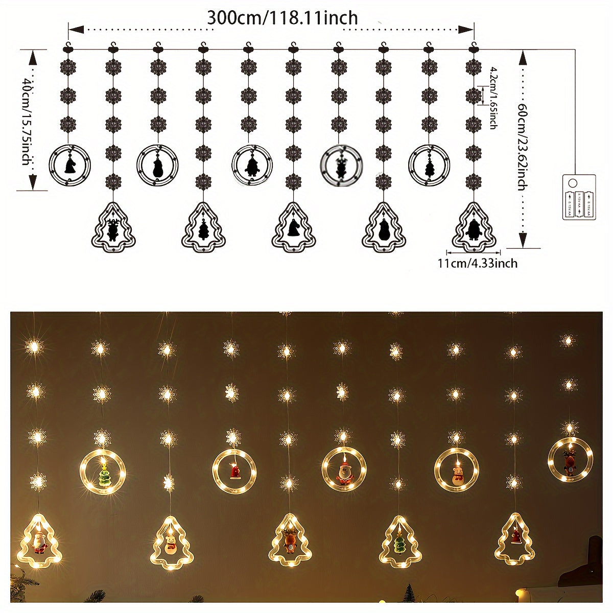 Guirlande de Noël 3 m flocons & figurines – 8 modes lumineux, déco sapin ou murale à LED