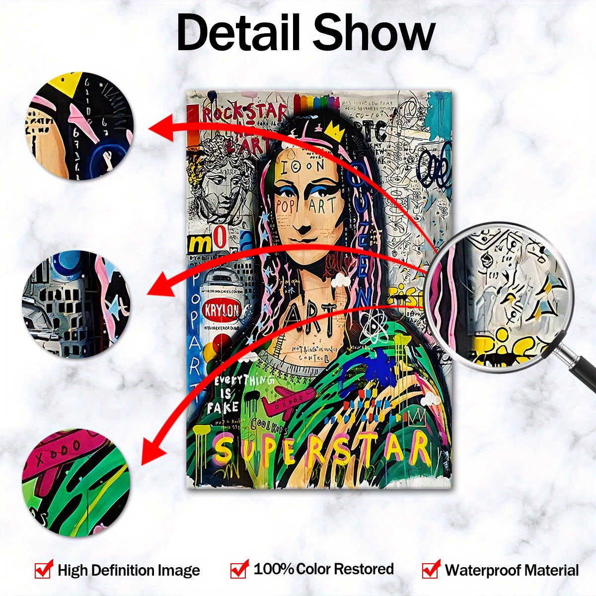 Extra Large Framed Canvas Art - Pop-Art Style Mona Lisa with Graffiti Elements, Vibrant Wall Decor for Living Room, Bedroom, Office, Waterproof & Odorless Print, Indoor/Outdoor Use, Wooden Frame Included, Large Canvas Wall Ar
