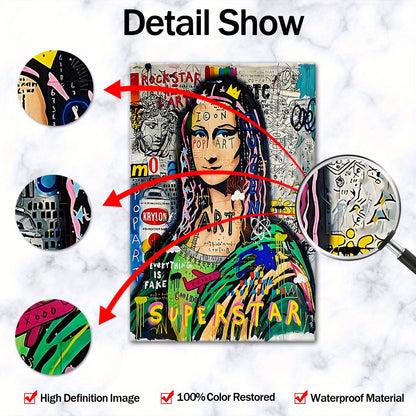 Extra Large Framed Canvas Art - Pop-Art Style Mona Lisa with Graffiti Elements, Vibrant Wall Decor for Living Room, Bedroom, Office, Waterproof & Odorless Print, Indoor/Outdoor Use, Wooden Frame Included, Large Canvas Wall Ar