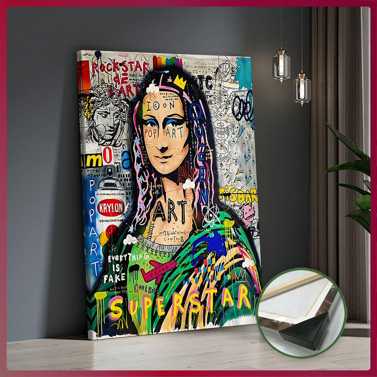 Extra Large Framed Canvas Art - Pop-Art Style Mona Lisa with Graffiti Elements, Vibrant Wall Decor for Living Room, Bedroom, Office, Waterproof & Odorless Print, Indoor/Outdoor Use, Wooden Frame Included, Large Canvas Wall Ar