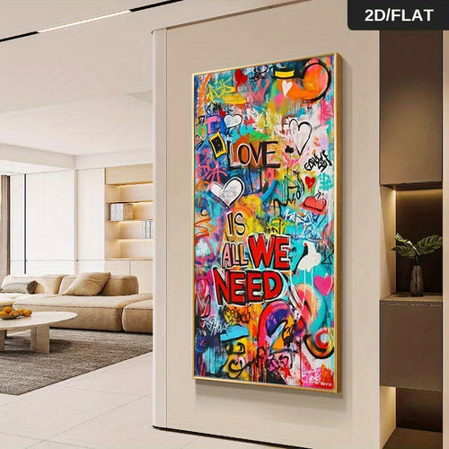 Tableau mural XXL graffiti abstrait – “Love Is All We Need”, toile colorée moderne sans cadre