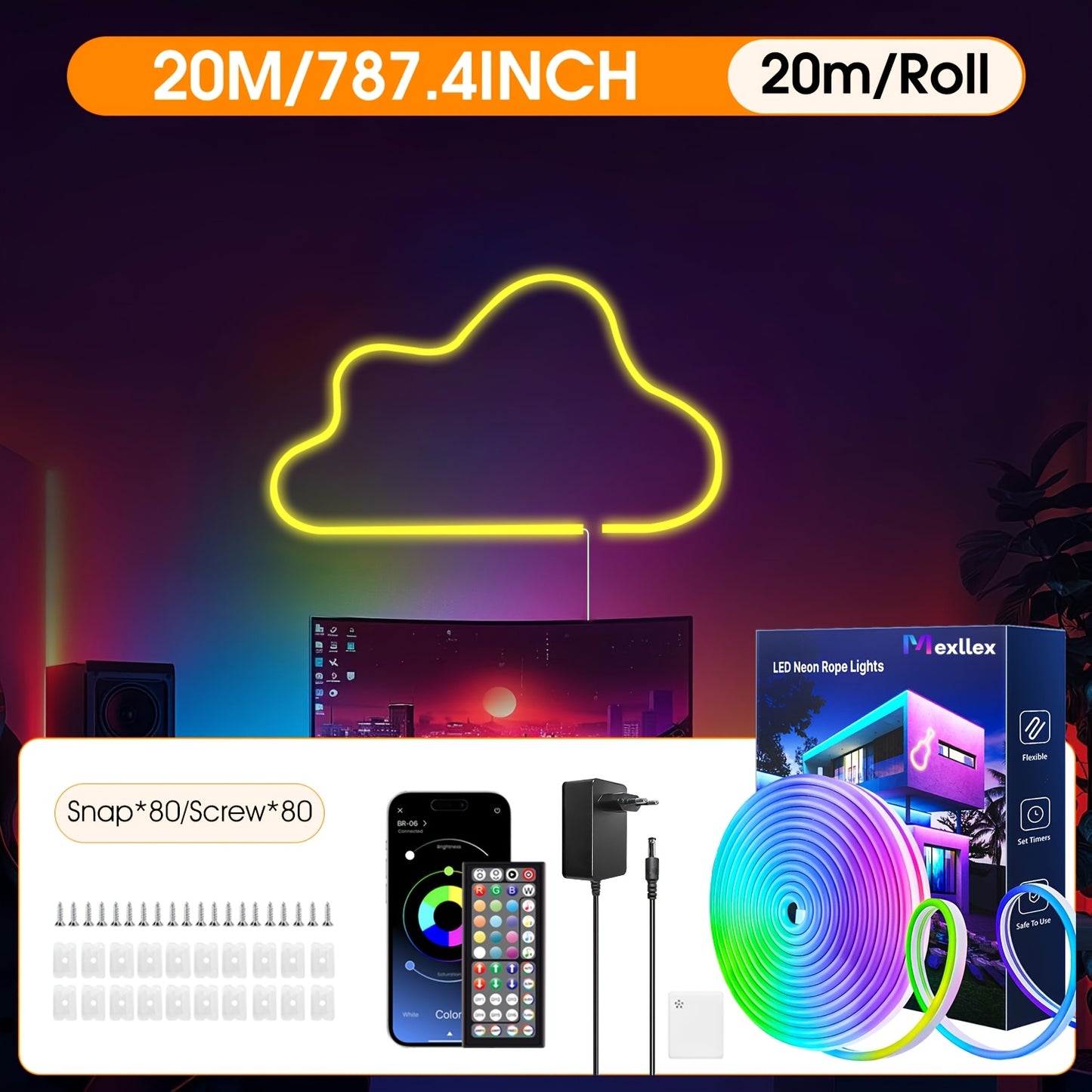 Ruban LED néon flexible RGB – 5 à 30 m, étanche IP67, télécommande & application, déco intérieure et extérieure