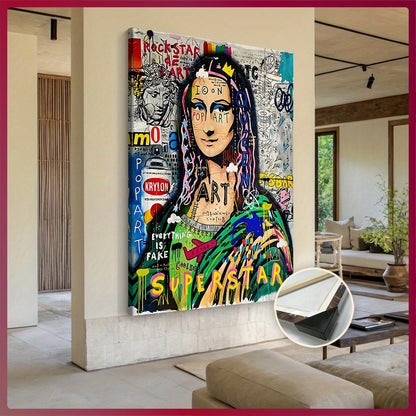 Extra Large Framed Canvas Art - Pop-Art Style Mona Lisa with Graffiti Elements, Vibrant Wall Decor for Living Room, Bedroom, Office, Waterproof & Odorless Print, Indoor/Outdoor Use, Wooden Frame Included, Large Canvas Wall Ar