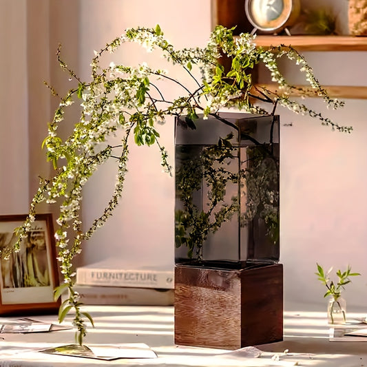 Vase décoratif moderne en acrylique avec base en bois – Élégant et polyvalent pour fleurs et décoration intérieure
