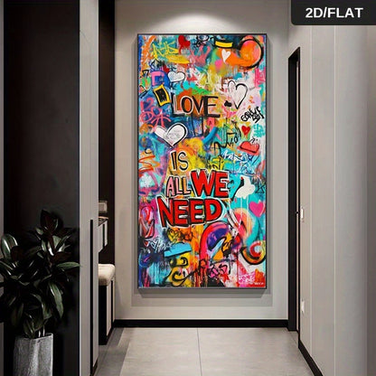 Tableau mural XXL graffiti abstrait – “Love Is All We Need”, toile colorée moderne sans cadre